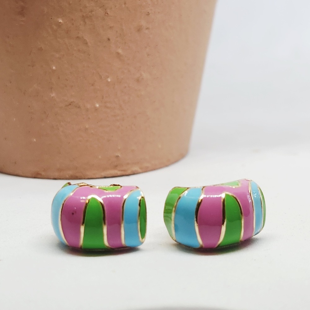 Vintage Style Multi Color‎ Enamel Striped Gold Tone Clip On J Hoop Earrings